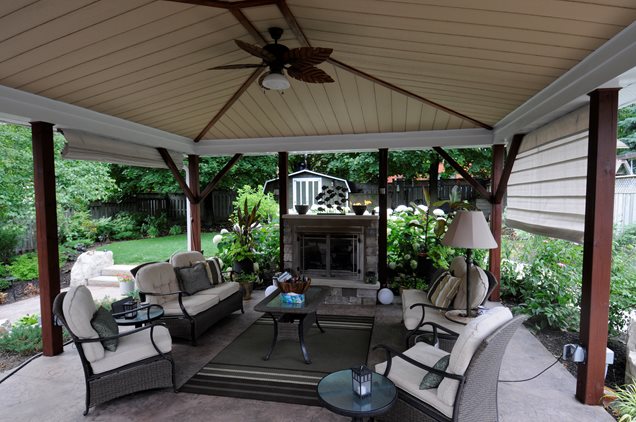 Small Outdoor Covered Patio with Fireplace