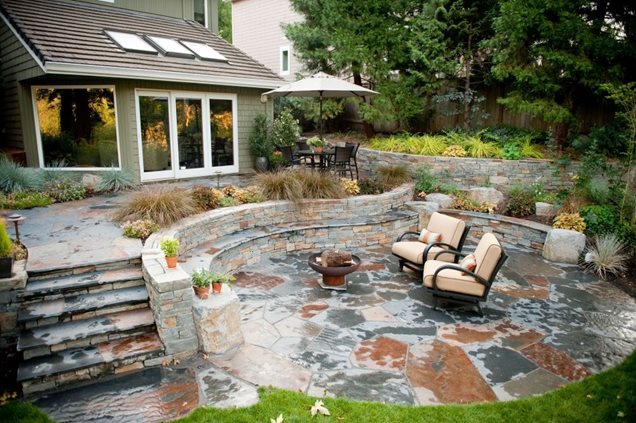 Rustic, Patio, Stone, Outdoor Living, Walls, Steps, Fire PitPatioGregg ...