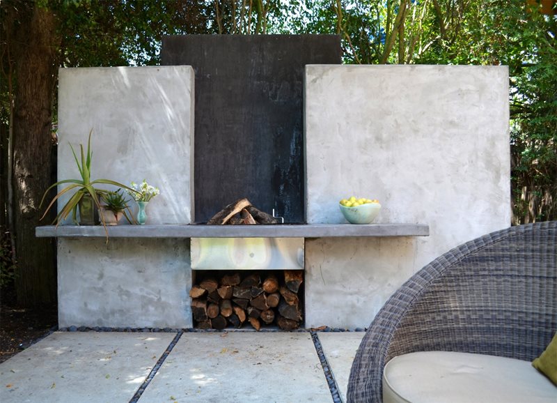 当代，木材，壁炉，储物，灰色现代壁炉美化网络Calimesa，CA