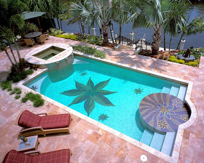 游泳池马赛克东南美化植物视觉Boca Raton，佛罗里达州