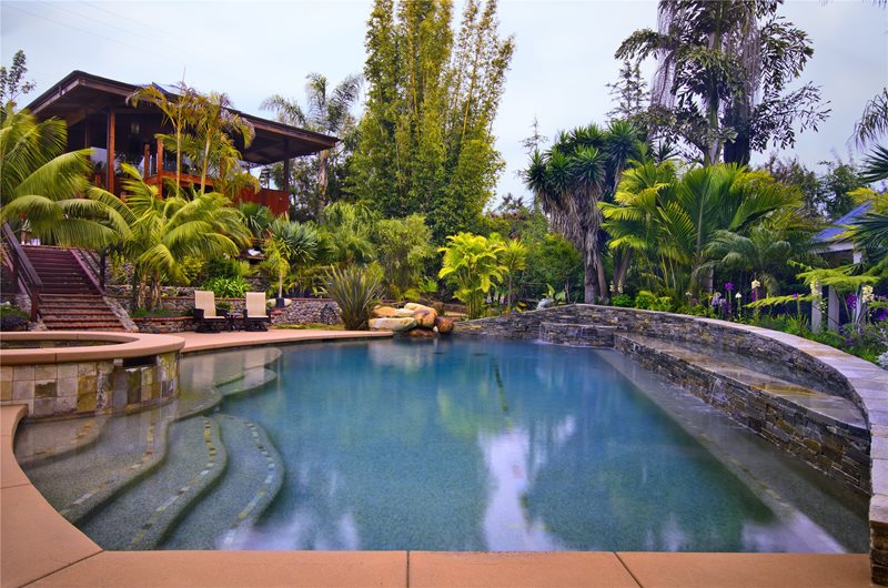 游泳池，温泉，瀑布，石头，棕榈树南加州景观美化网络卡利梅萨，CA